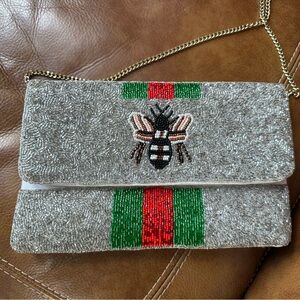 Silver Beaded Clutch with Bumble Bee Motif and Green-Red Accent